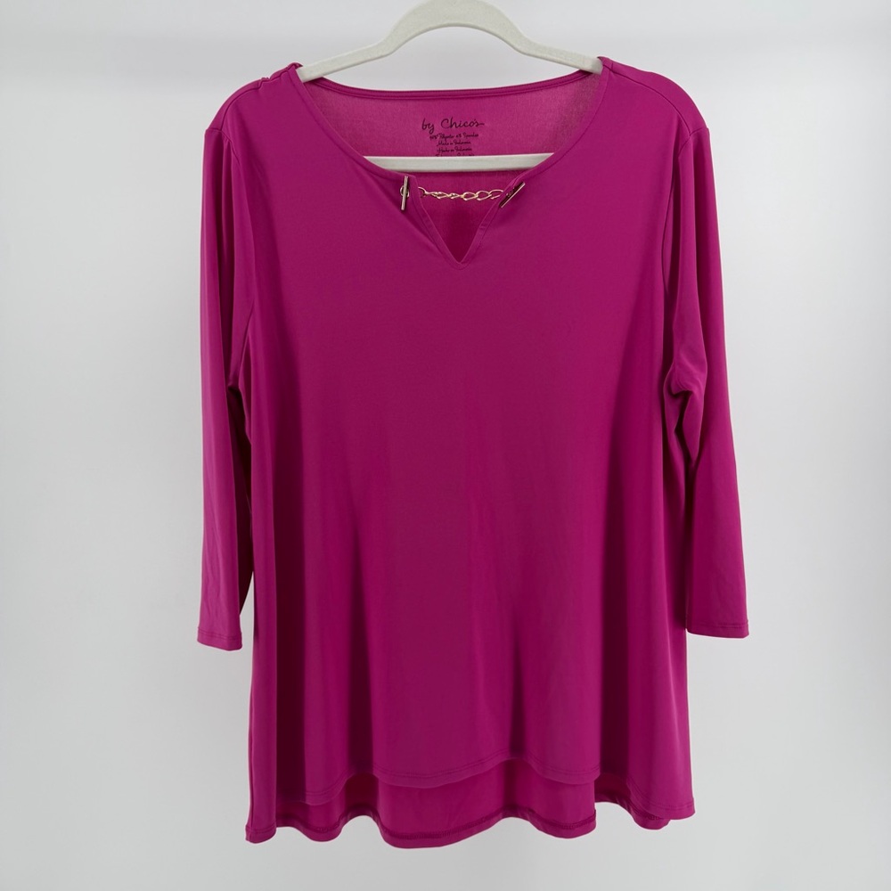 Chico's Magenta Pink Stretch Knit Gold Chain Detail Top, Women's Large (2)